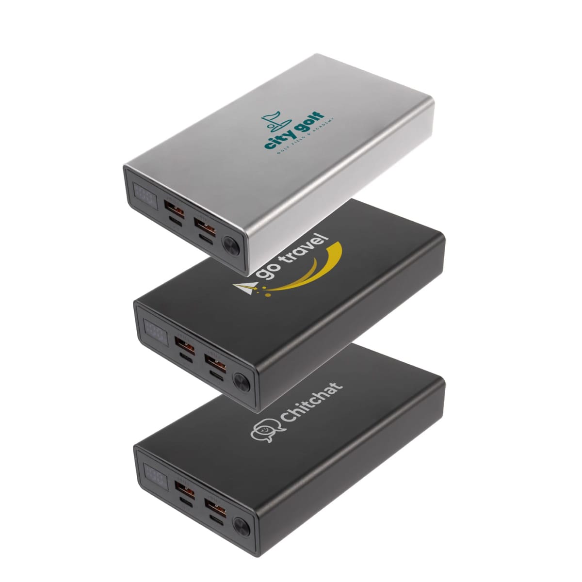 Three portable power banks stacked vertically, each branded with different logos: City Golf on silver, Go Travel on black, and Chitchat on dark gray. All feature dual USB ports on the side.