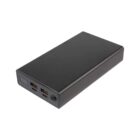 Black rectangular power bank with four USB ports, a small digital display, and a power button on one side.