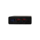A black power bank with a digital display showing 100%. It features two USB output ports labeled OUT1 and OUT2, and a circular button. The front design is minimalist.