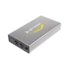 A silver portable power bank featuring the logo Go Travel with a yellow swoosh. It has multiple USB ports and an LED display, reflecting a sleek, functional design against a plain background.