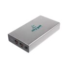 A rectangular silver power bank with multiple USB ports and a digital display screen on one side. The top surface features the city golf logo with a flag illustration and the text your power partner underneath.