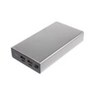 A rectangular, silver power bank with a digital display screen and multiple USB ports. The front panel shows two USB-A and one USB-C ports along with an on/off button.