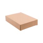 A closed, plain brown cardboard box on a white background. The box is rectangular and slightly tilted, showing its depth and flat top.