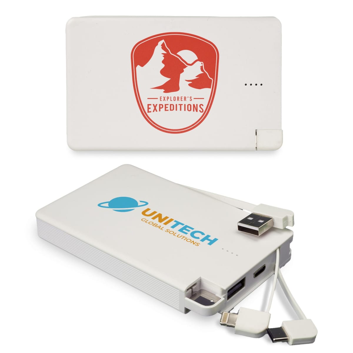 Two power banks with logos. The top one features a red Explorers Expeditions logo with mountain silhouettes. The bottom one displays a UNITECH Global Solutions logo with a planet icon and multiple charging cables attached.