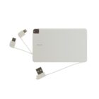 A slim, rectangular white power bank with three attached charging cables: a micro USB, a USB-C, and a Lightning connector. The power bank features a few tiny LED indicator lights.