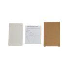 A white power bank, an instruction manual, and a brown cardboard box are arranged side by side on a white background. The power bank is slim with four indicator lights visible.