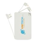 A portable power bank with the logo UNITECH GLOBAL SOLUTIONS and an icon of a planet. It has built-in charging cables with different connectors, including USB, Micro USB, and Lightning, attached to the sides.