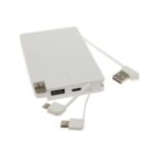 A white portable power bank with multiple attached charging cables, including a USB, micro USB, and lightning connector. The power bank is compact and sleek with a minimalist design.