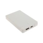 A white rectangular portable power bank with a textured edge is shown. It features USB and USB-C ports and a row of indicator lights on its surface, designed for charging electronic devices.