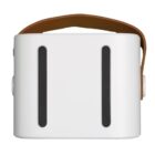 A white rectangular virtual reality headset with two vertical black bars on the front and a brown strap on top.