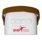 Close-up of a white speaker with a brown strap. Four control buttons are visible on the front. The text HIPHOP DANCE STUDIO with a dancer silhouette is printed below the buttons.