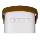 A white portable speaker with four control buttons on the front: minus, power symbol, plus, and M. It has a brown leather handle attached on top.