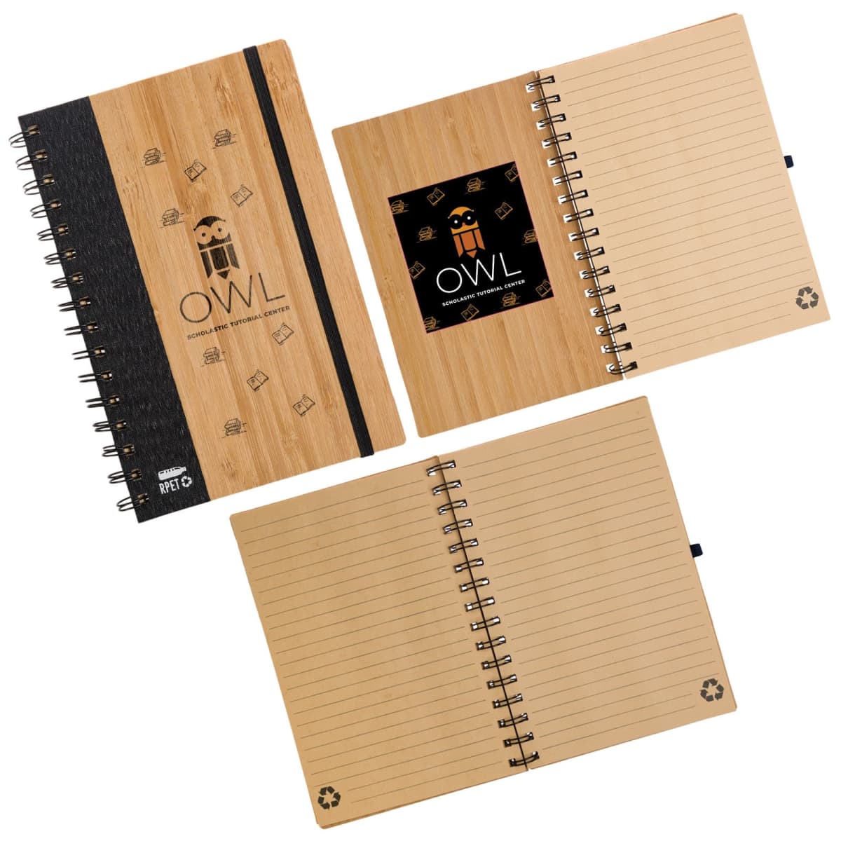 Image of three spiral-bound notebooks with wooden covers. The top notebook is closed with an OWL logo, the middle is open showing a black logo page, and the bottom is open with lined pages. Each has a recycling symbol in the corner.