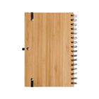 A notebook with a light wooden cover and black spiral binding on the right. The cover has a smooth finish and is accented with two black horizontal bands secured by silver rivets.