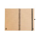 Open spiral-bound notebook with lined beige pages, featuring a small black recycling symbol in the corners. An elastic black strap is attached to the right edge, set against a plain white background.