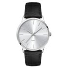 A classic silver wristwatch with a minimalist dial, featuring thin hour and minute hands and slim markers. It has a black leather strap embossed with a crocodile pattern and a shiny metal case.