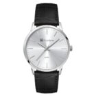 A silver wristwatch with a minimalist design. It features a white face, simple black hour markers, and two hands. The watch has a black leather strap and silver-tone casing.