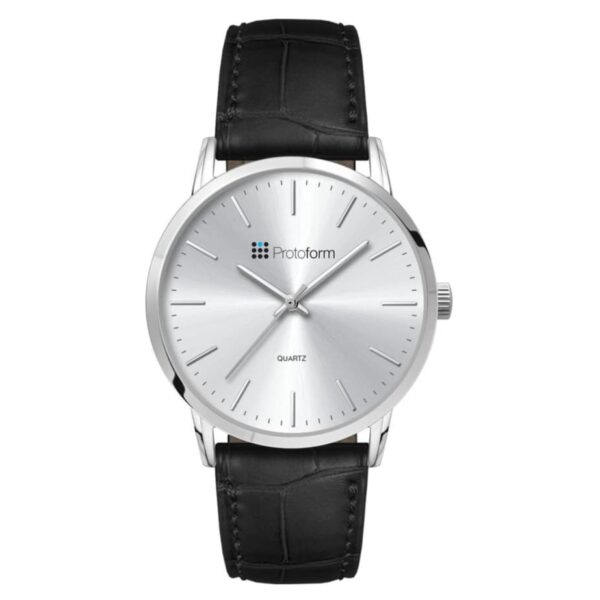 A silver wristwatch with a minimalist design. It features a white face, simple black hour markers, and two hands. The watch has a black leather strap and silver-tone casing.