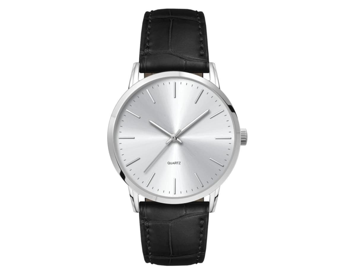 A classic silver wristwatch with a minimalist dial, featuring thin hour and minute hands and slim markers. It has a black leather strap embossed with a crocodile pattern and a shiny metal case.