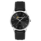 A sleek wristwatch with a black face displaying a logo and Symantec text, featuring simple silver hour markers and hands. It has a black leather strap with white stitching, and a silver case.