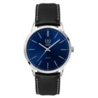 A wristwatch with a blue dial, silver hour markers, and a logo with IAEA text. The watch has a black leather strap with white stitching and a polished silver case. The hands display the time as 10:10.