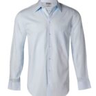A light blue, long-sleeved dress shirt with a subtle stripe pattern and a front pocket. The shirt is buttoned down the middle and has a classic collar.
