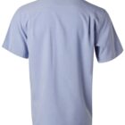 The image shows the back view of a light blue, short-sleeved shirt with a collar. It has a simple design, appears to be made of a light, breathable fabric, and is displayed against a plain white background.