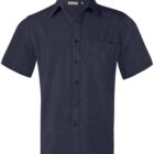 A short-sleeve, button-up dark blue shirt with a collar, featuring a chest pocket on the left side.