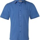 A short-sleeved, button-up blue shirt with a collar displayed against a white background.