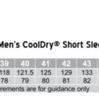 Sizing chart for the Mens CoolDry Short Sleeve Shirt, model M7600S. Shows chest sizes in centimeters ranging from 114.5 to 163 and body lengths from 77 to 89, tailored fit. Measurements are for guidance only.
