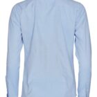 Rear view of a light blue long-sleeved button-up shirt with a collar. The shirt features buttoned cuffs and a smooth fabric texture.