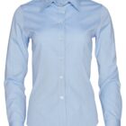 A light blue, long-sleeved, button-up dress shirt with a collar, neatly displayed against a plain white background.