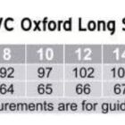 Size chart for M8040L Ladies CVC Oxford Long Sleeve Shirt. Sizes 6 to 24 are listed with corresponding chest and body length measurements in centimeters, ranging from chest size 87 to 140 and body length 63 to 72. Tailored fit. Measurements are guidelines.