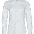 White, long-sleeved button-up shirt with a pointed collar, displayed against a white background.