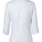 Back view of a light blue, three-quarter sleeve blouse. It features a classic collar and a subtle striped pattern. The fabric appears smooth and slightly fitted, with buttoned cuffs on each sleeve.