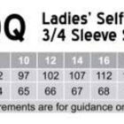 Size chart for Ladies Self Stripe 3/4 Sleeve Shirt, model M8100Q. Sizes 6-24. Chest measurements in cm range from 87 to 140. Body length in cm varies from 63 to 72. Tailored fit, measurements are for guidance only.