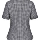 The image shows the back view of a short-sleeved, black and white checkered blouse with a collared neck and button details on the sleeves. The fabric pattern is a small gingham check design.