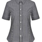 A womens short-sleeve shirt with a black and white gingham checkered pattern, buttoned down the front, with a collar.