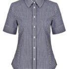 A short-sleeve black and white checkered button-up blouse with a collar.
