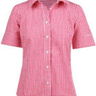 A short-sleeved, button-up shirt with a red and white gingham checkered pattern. The shirt features a pointed collar and a fitted design.
