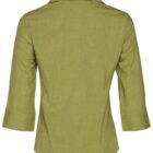 Olive green blouse with three-quarter sleeves, viewed from the back. The fabric has a subtle texture, and the blouse features a classic collar and a tailored fit.