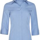 Light blue womens button-up blouse with three-quarter sleeves and a pointed collar, displayed against a white background.