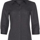 A dark gray, long-sleeved button-up shirt with a classic collar and a tailored fit, displayed against a white background.