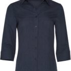 A dark blue long-sleeve fitted shirt with a collar and buttons down the front. It has three-quarter length sleeves.