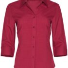 A red, button-up womens shirt with three-quarter sleeves and a classic collar, displayed on a plain white background.