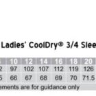 Size chart for Ladies CoolDry 3/4 Sleeve Shirt, model M8600Q. Includes chest measurements from size 8 to 24, ranging from 87 cm to 161 cm, and body length from 64 cm to 79 cm. Tailored fit, measurements for guidance only.