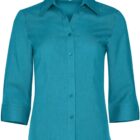 A teal womens button-up blouse with a collar and three-quarter sleeves. The fabric appears smooth and slightly shiny, with a fitted design and neatly sewn buttons down the front.
