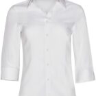A plain white womens button-up blouse with three-quarter sleeves and a collar, displayed on a plain background.