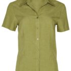 A short-sleeved, button-up green shirt with a collar, displayed against a plain white background.