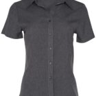 A short-sleeved, dark gray womens button-up shirt with a collar, featuring a subtle texture. It has a simple, tailored design suitable for casual or professional wear.